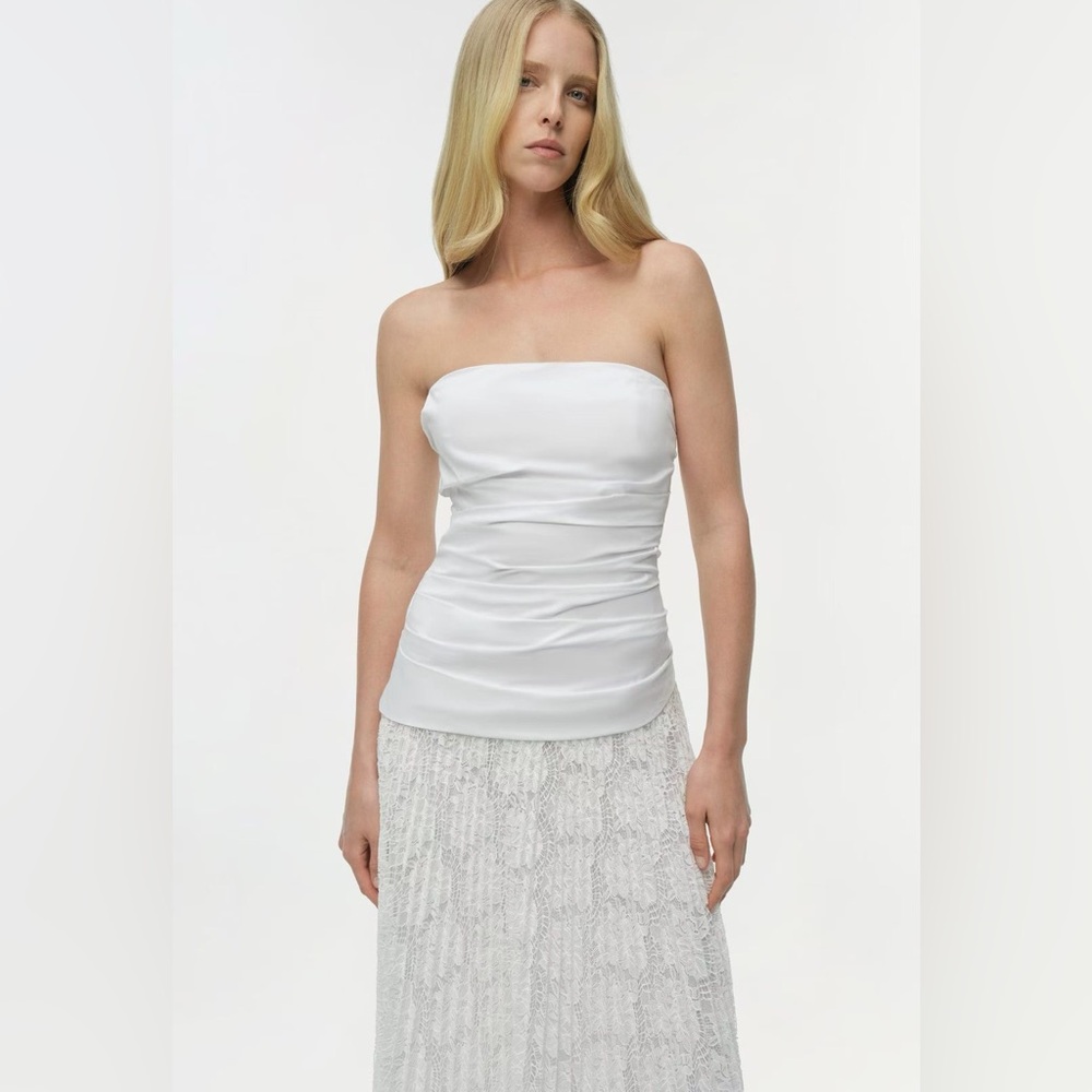 Strapless White Ruched Satin Top with Lace Skirt
